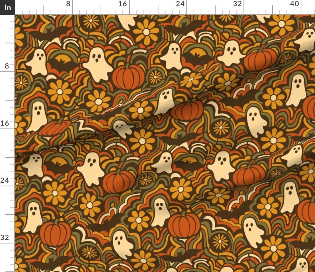 Groovy Ghosts Retro Brown Orange Floral Psychedelic Pumpkins Bats Fall Autumn Custom Printed Fabric by Spoonflower Various Fabrics by the Yard or Fat Quarter